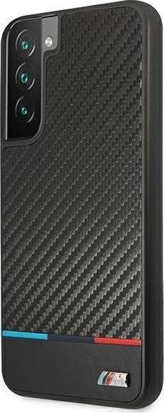 Mbrojtëse telefoni BMW Carbon Tricolor për Samsung Galaxy S22 Plus, efekt karboni, e zezë
