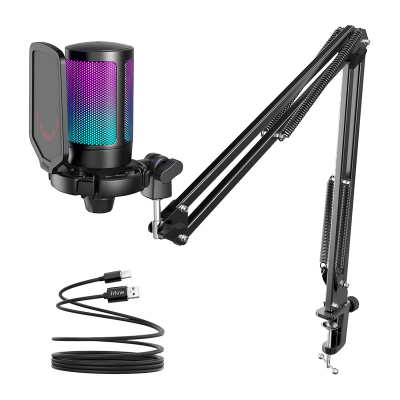 Mikrofon gaming FIFINE A6T, USB kondensator cardioid, me krah tavoline, me RGB, i zi