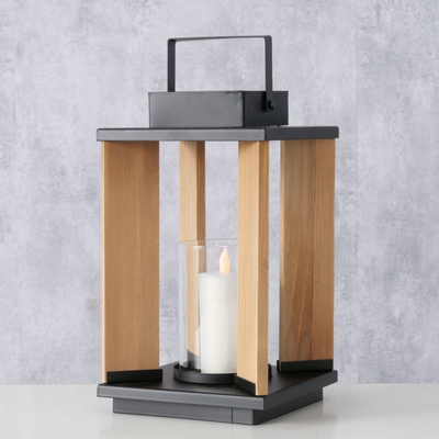 Lanternë dekorative Boltze Home Ventana, dru pishe dhe xham, 28cm, natyrale
