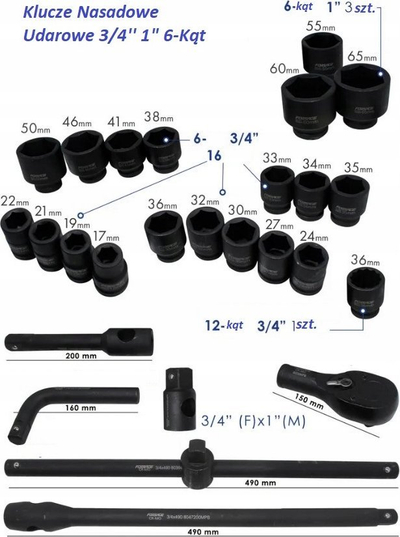 Set çelësash goditës JCB 68262 5MPB, 3/4" dhe 1", 26 copë, i zi