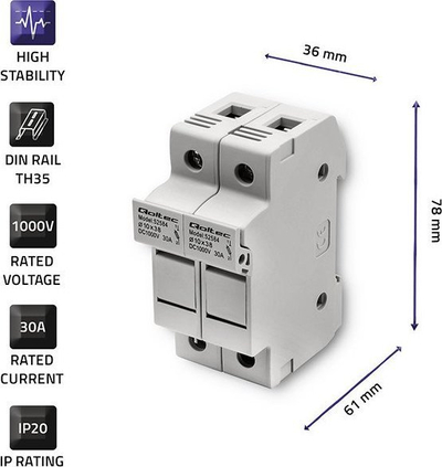 Bazë siguresash DC Qoltec 52584, 2P 1000V 30A, 10x38 mm, gri