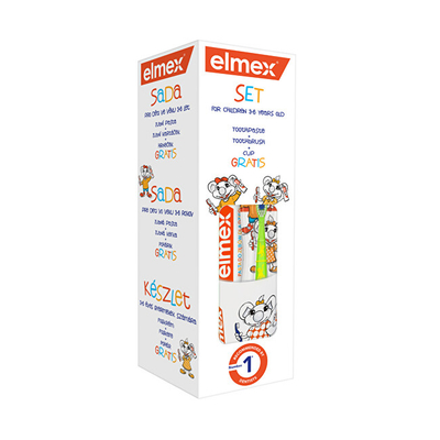 Set për kujdesin dentar të fëmijëve Elmex, pastë dhëmbësh, 50 ml + furçë dhëmbësh + gotë