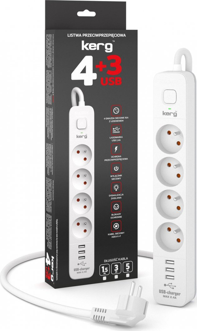 Zgjatëse Kerg M02414, 4 prize, 3 USB, 3m, e bardhë