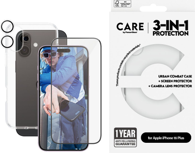 Set mbrojtës CARE by PanzerGlass 3‑në‑1, për iPhone 16 Plus, xham ekrani dhe kapak me mbrojtës kamere, transparent