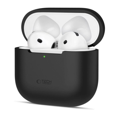 Силиконска заштита Tech-Protect за Apple AirPods 4, компатибилна со беспроводно полнење, црна