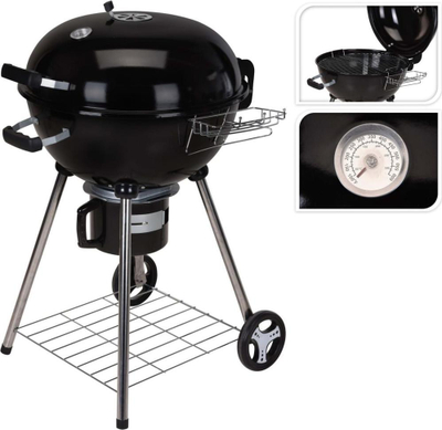 Grill qymyri ProGarden Kettle, me kapak dhe termometër, me rrota, i zi