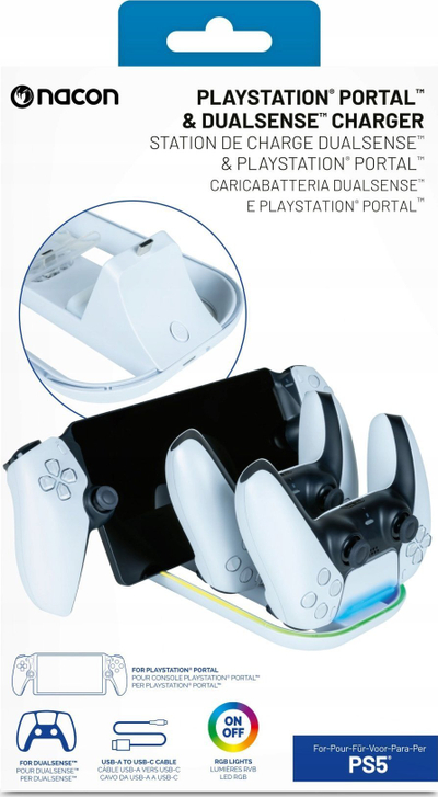 Bazë karikimi Nacon PS5TRIPLECHARGER, për PlayStation Portal dhe DualSense, me drita LED, bardh e zezë