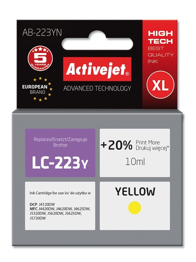 Ngjyrë për printer Activejet AB-223YN (zëvendësim për Brother LC223Y), 10 ml, e verdhë
