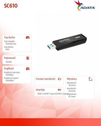 SSD i jashtëm ADATA SC610, 500GB, USB 3.2 Gen2, i zi me të kuqe