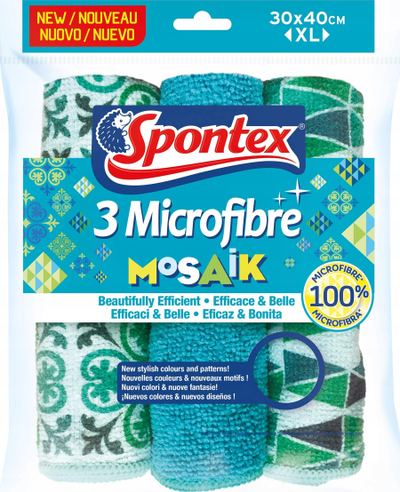 Lecka pastrimi Spontex Mosaik, 100% mikrofibër, set me 3 copa, 30 x 40 cm, me ngjyra të ndryshme