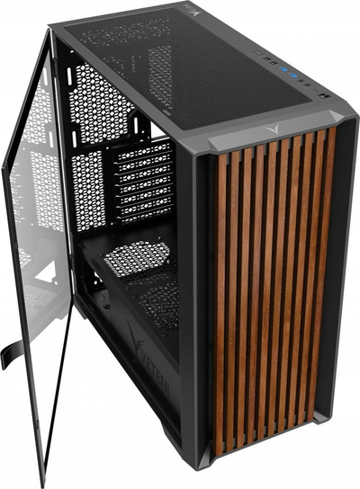 Куќиште за компјутер VETENI Woody ARGB, Црна, Midi Tower
