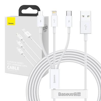 Kabllo USB Baseus CAMLTYS-02, 3 në 1, 1.5m, e bardhë