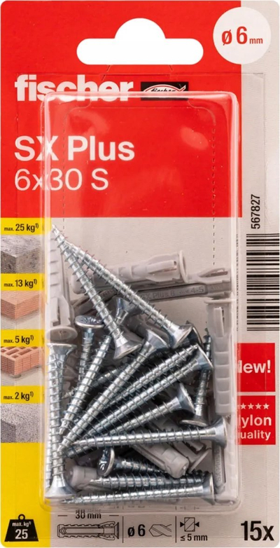 Set dübelësh Fischer SX Plus 6x30 S, Ø6 mm, 15 copë, gri