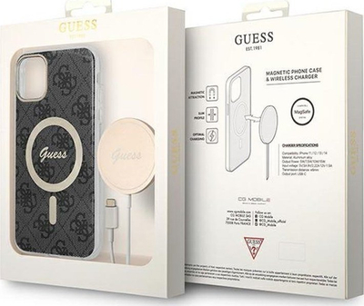 Set aksesorësh Guess Bundle Pack MagSafe 4G për iPhone 11, kuti mbrojtse, karikues MagSafe, e zezë me ari