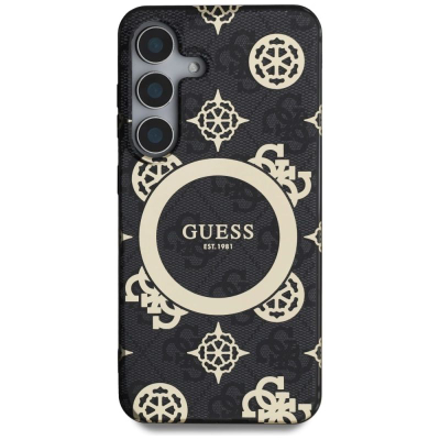 Kapak telefoni Guess 4G Background Peony MagSafe për Samsung Galaxy S25, TPU PC, i zi me ari
