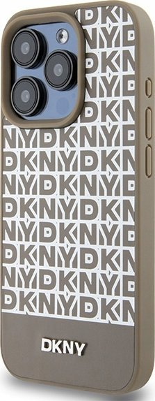 Kapak telefoni DKNY me lëkurë PU, me figura të logo-s dhe vijë poshtë, MagSafe, për iPhone 15 Pro, kafe