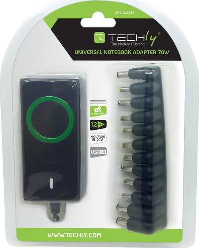 Karikues universal për laptop Techly IPW-NTS70WTY, 70W, me port USB, i zi