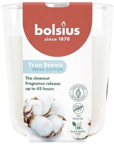 Qiri aromatik Bolsius True Scents Fresh Cotton, në qelq, i bardhë