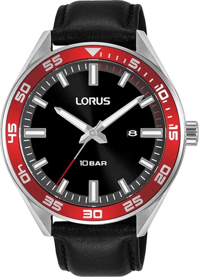 Ora burrash Lorus RH941NX9, analoge, rrip lëkure, e zezë
