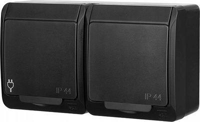 Prizë dyshe sipërfaqe Elektro-Plast HERMES 0325-09, Schuko 2x2P+Z, IP44, e zezë