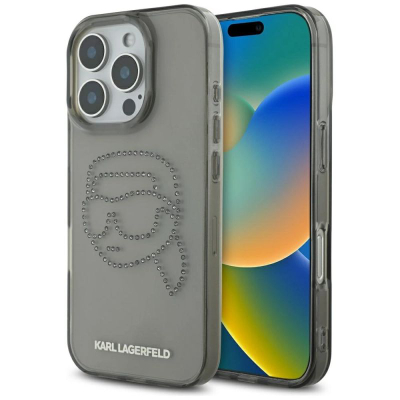Футрола за телефон Karl Lagerfeld IML Rhinestones Karl Head, за iPhone 16 Pro 6.3", флексибилна, црна