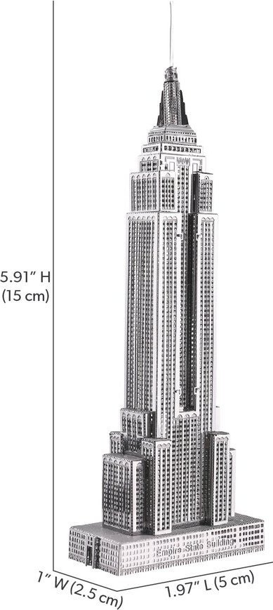 Puzzle 3D metalik Piececool Empire State Building, model koleksionues, 15 cm, ngjyrë argjendi
