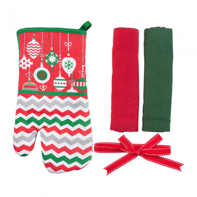 Set kuzhine Christmas MIX, 3 pjesë, dorezë furre dhe peceta kuzhine, motive Krishtlindjesh