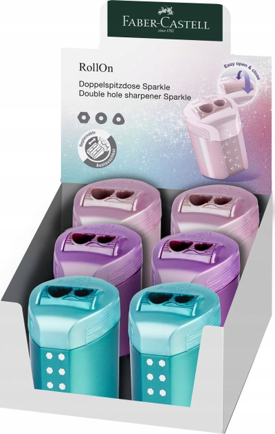 Mprehëse kutie Faber-Castell Double Hole RollOn Sparkle, 2 vrima, për lapsa standard dhe jumbo, ngjyra të përziera