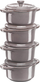 Set mini tenxhere qeramike Staub Four Round Cocottes, 10 cm, 4 copë, gri antique
