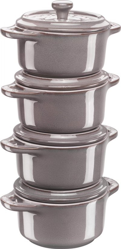 Set mini tenxhere qeramike Staub Four Round Cocottes, 10 cm, 4 copë, gri antique