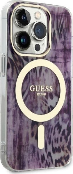 Mbrojtëse telefoni Guess Leopard MagSafe për iPhone 14 Pro, polikarbonat TPU, rozë