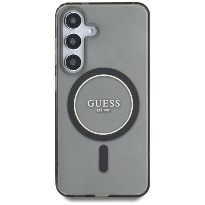 Futrollë telefoni Guess GUHMS25SHFGEREK për Samsung S25, me magnet, e tejdukshme, me glitter të zi