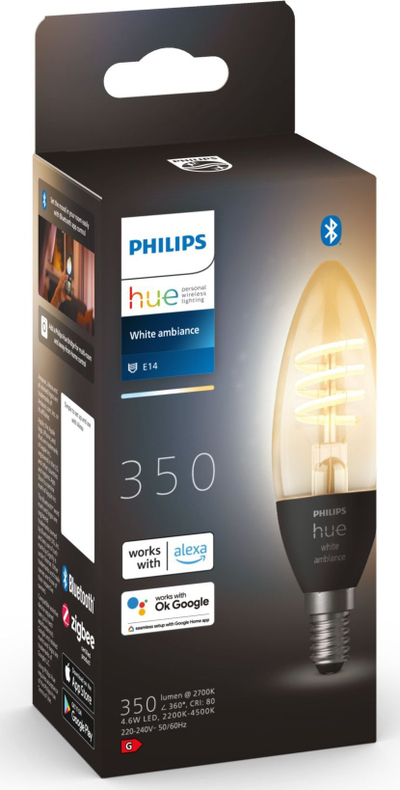 Llambë inteligjente Philips Hue White Ambiance, E14, 4.6W 350lm, filament, e bardhë