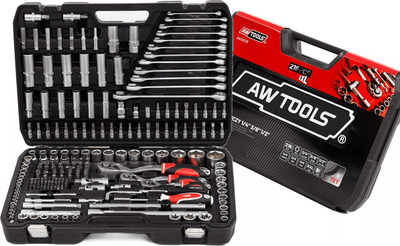 Set veglash AWTools AW39216, 216 pjesë, me kuti për ta çuar me vete, gri