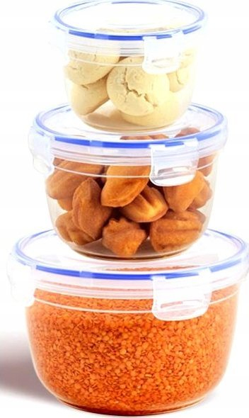 Set ena rrethore Dunya Seal, 3 copë, 625 ml 1200 ml 2100 ml, me kapak silikoni, transparente