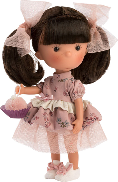 Kukull Llorens Miss Minis Sara Pots, 25 cm, flokë kafe, veshje me lule