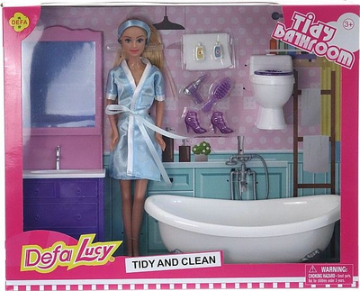 Kukull Defa Lucy Tidy Bathroom, 29cm, me gjona banjoje, blu