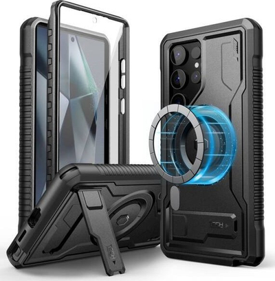 Mbrojtëse telefoni Tech-Protect Kevlar MagSafe+, për Samsung Galaxy S24 Ultra, me këmbë mbajtëse, e zezë