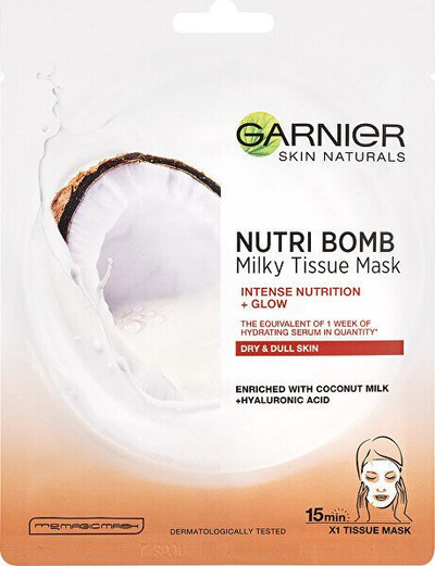 Maskë fytyre tekstile Garnier Nutri Bomb, hidratim intensiv, me qumësht kokosi, 32 g