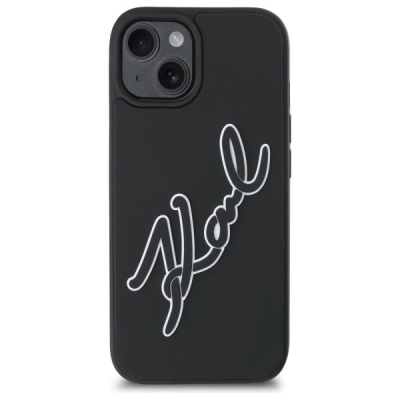 Kapak telefoni Karl Lagerfeld 3D Rubber Signature për iPhone 15 6.1", nga TPU, PC edhe silikon, i zi
