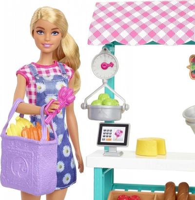 Set loje Barbie Careers Farmers Market, me kukull bionde, me mobilje edhe aksesorë, shumëngjyrësh