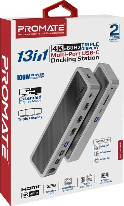 Docking station ProMate ApexHub-MST 13n1, USB-C, HDMI DisplayPort LAN, gri