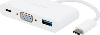 Adapter USB C Vivanco 3 në 1, VGA USB 3.1, karikim 60W, i bardhë