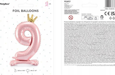 Balon folie që rri më vete me numrin 9 dhe kurorë, 84 cm, rozë e çelët