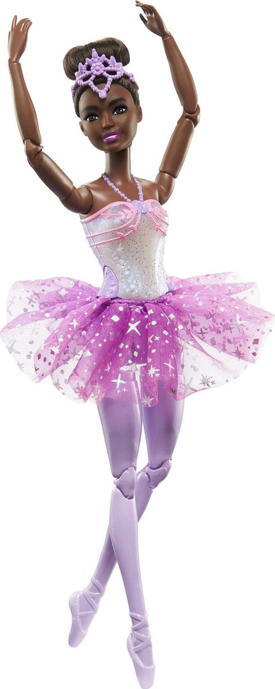Kukull Barbie Mattel Ballerina Magical Lights HLC26, drita shumëngjyrëshe, flokë kafenj, fustan lejla