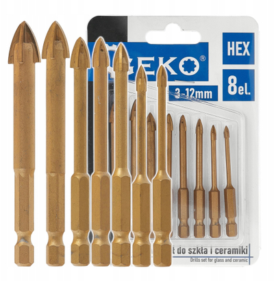 Set stërvitjesh për xham dhe qeramikë GEKO, HEX, 8 copë, 3–12mm, ngjyrë ari
