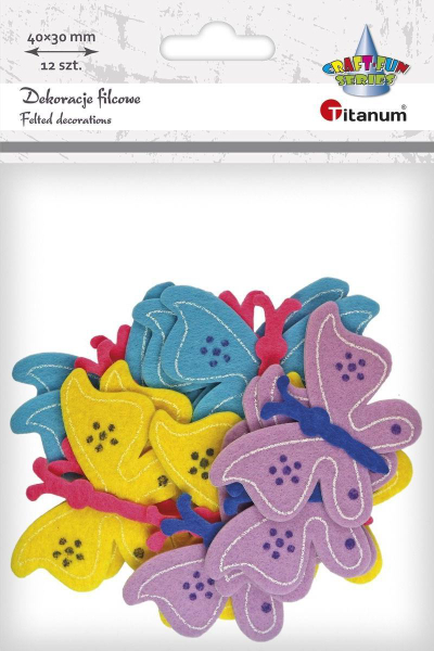 Ngjitësa dekorative filci Titanum Butterflies, 40 x 30 mm, 12 copë, shumëngjyrëshe