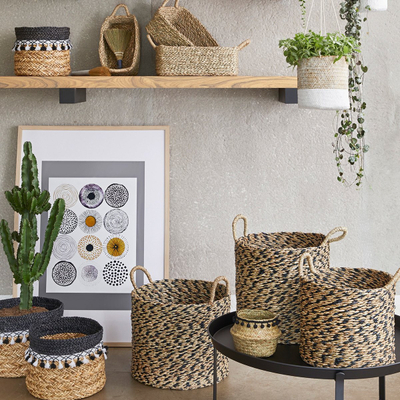 Set shporta dekorative drejtkëndore me doreza, 3 copë, thupra deti, natyrale