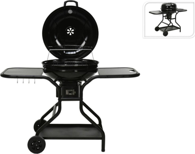 Grill me qymyr ProGarden D56, me kapak me termometër, me rafte anash, i zi