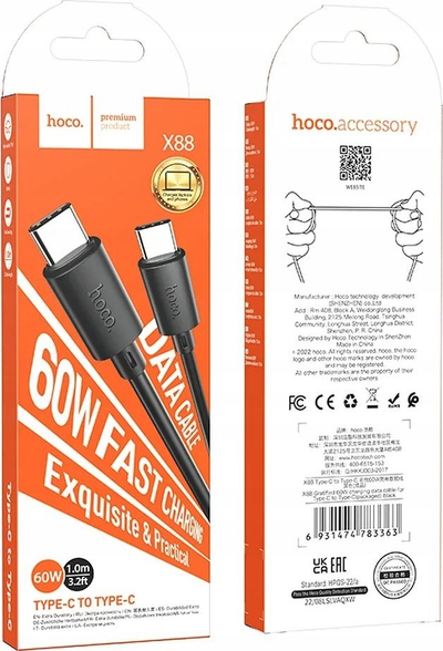 Kabllo USB Hoco X88 USB C ne USB C, 1m, 60W, e zezë